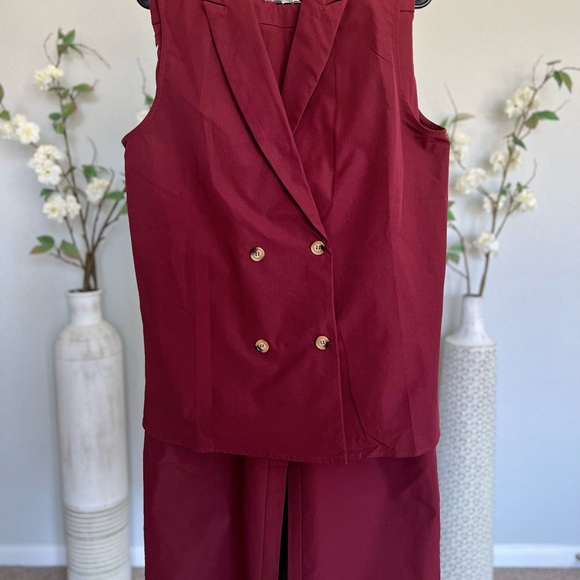 Pants and blazer set -notched collar top-double button at front-high waist pants - Picture 3 of 7